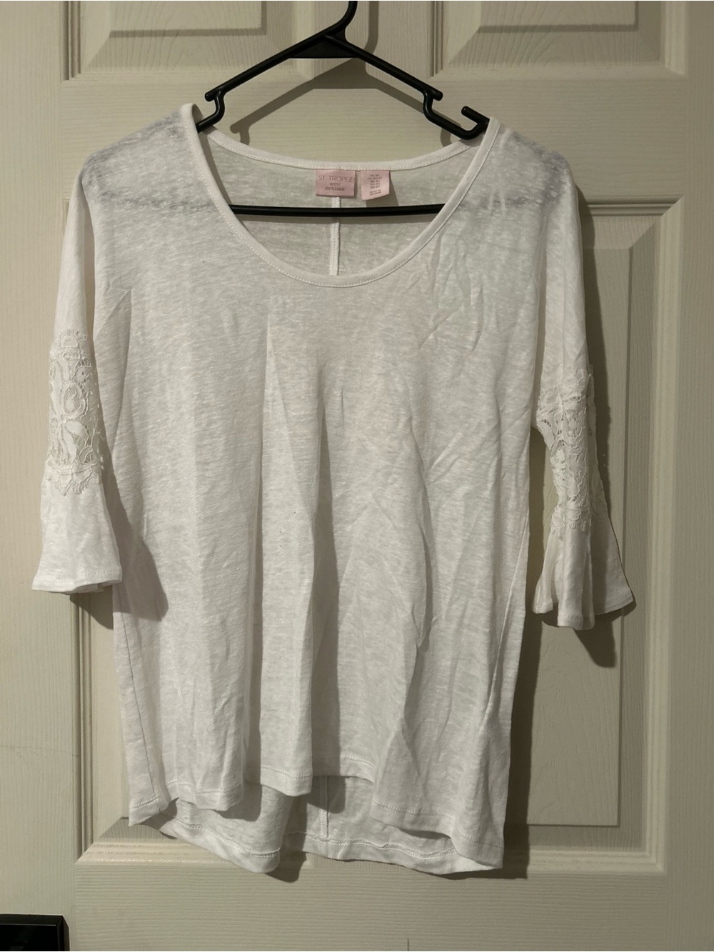 Saint Tropez West White Scoop Neck Tee with Lace Sleeve Detail